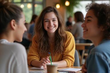 Students having a casual English conversation